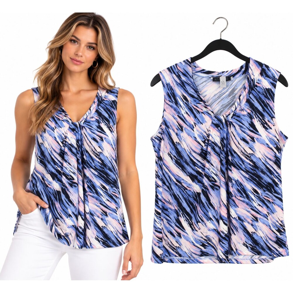 New Kasper Twist Tie Sleeveless Blouse Large Abstract Brushstroke Twist Tie Neck